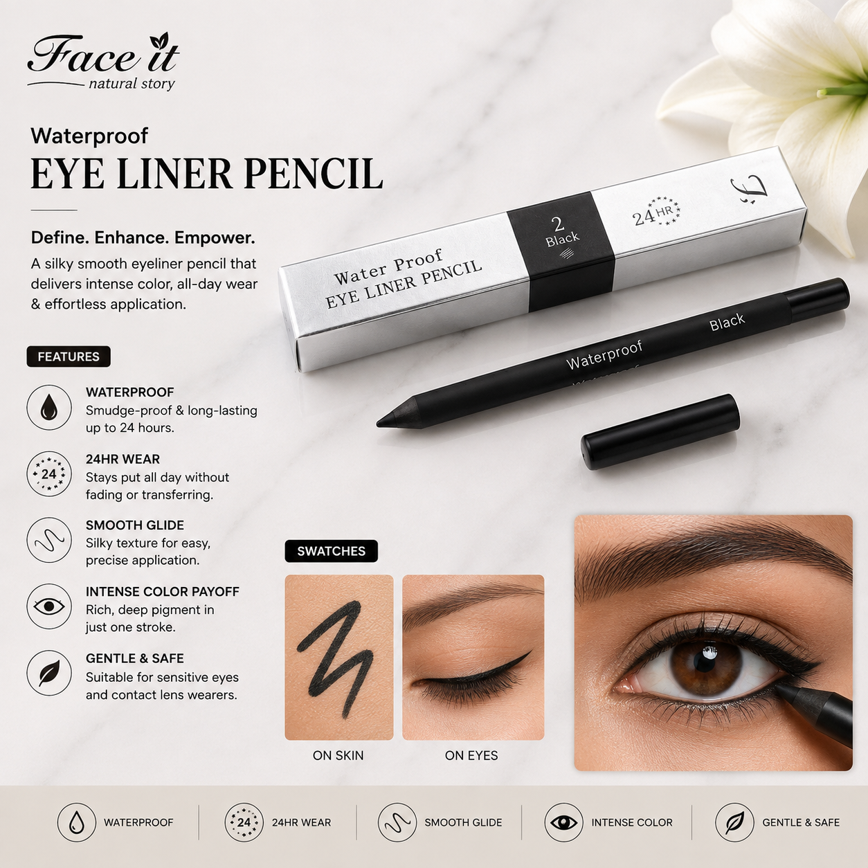 Faceit Black Gel Eye Pencil | Waterproof | Smudge-Proof | Longlasting