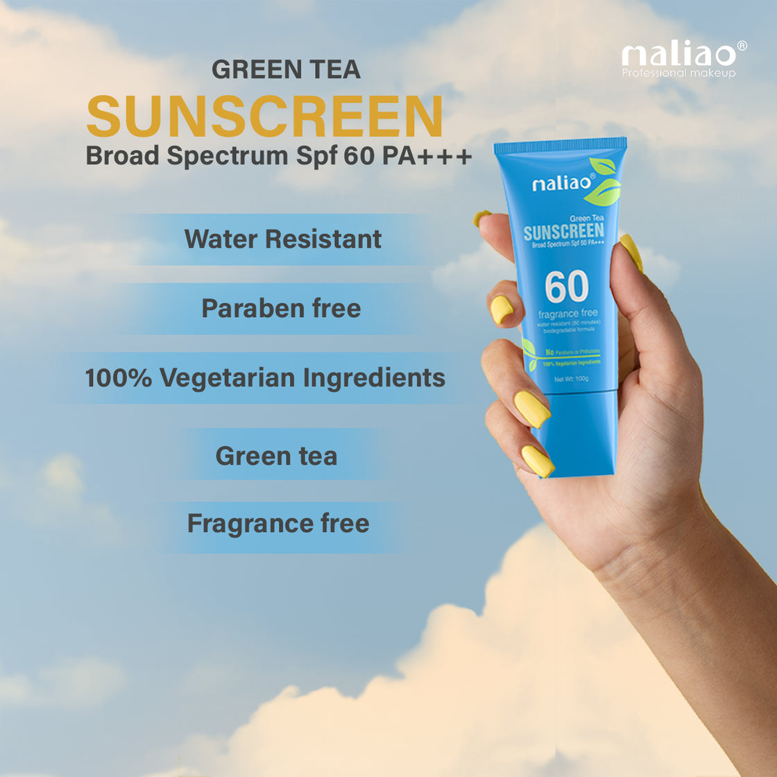 Maliao Green Tea Water Resistant Sunscreen - Broad Spectrum SPF 60 PA+++ 100g