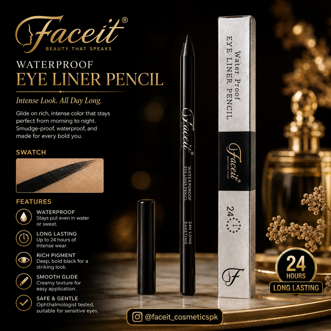 Faceit Black Gel Eye Pencil | Waterproof | Smudge-Proof | Longlasting